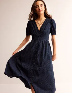 Broderie Midi Tea Dress-Navy