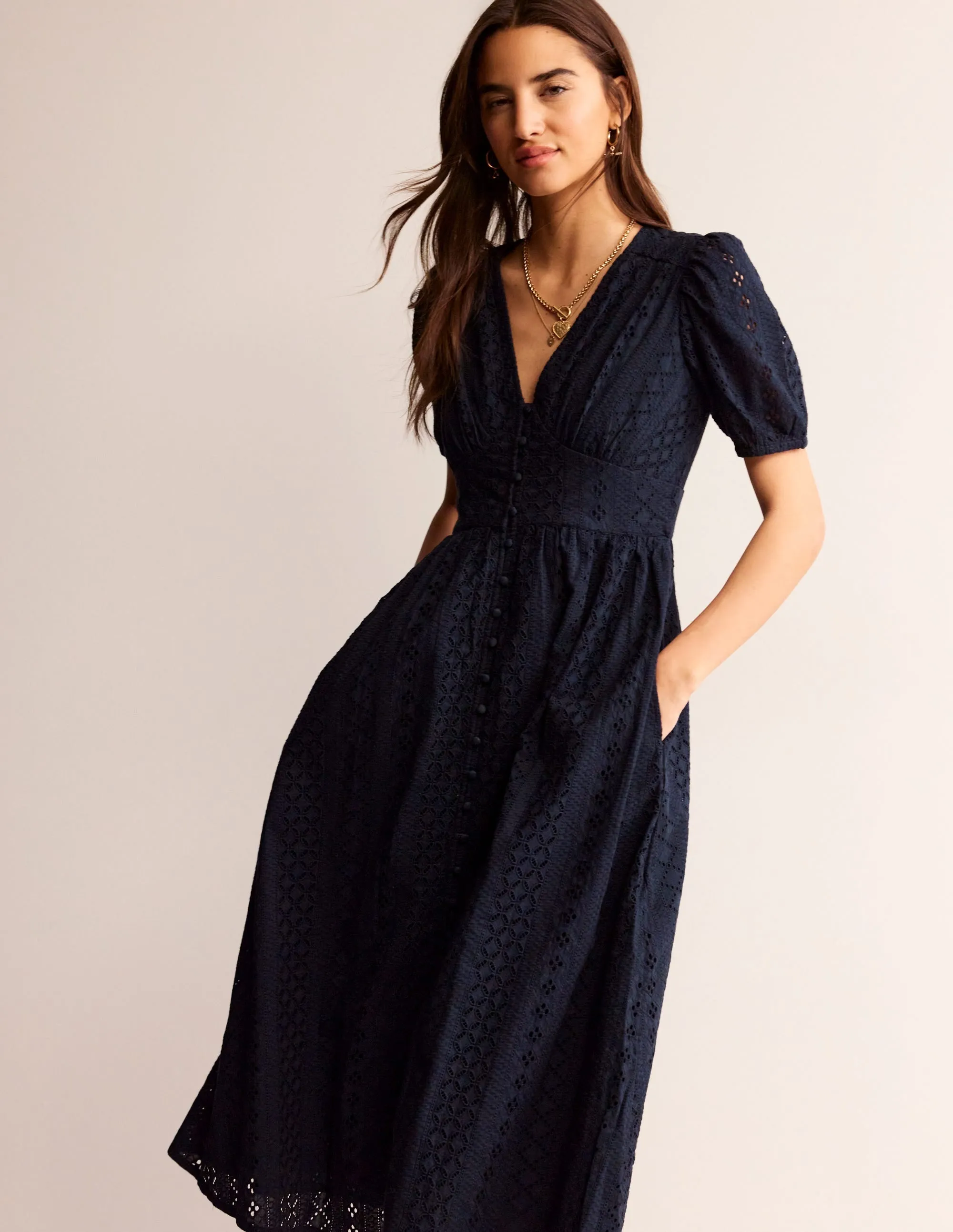 Broderie Midi Tea Dress-Navy