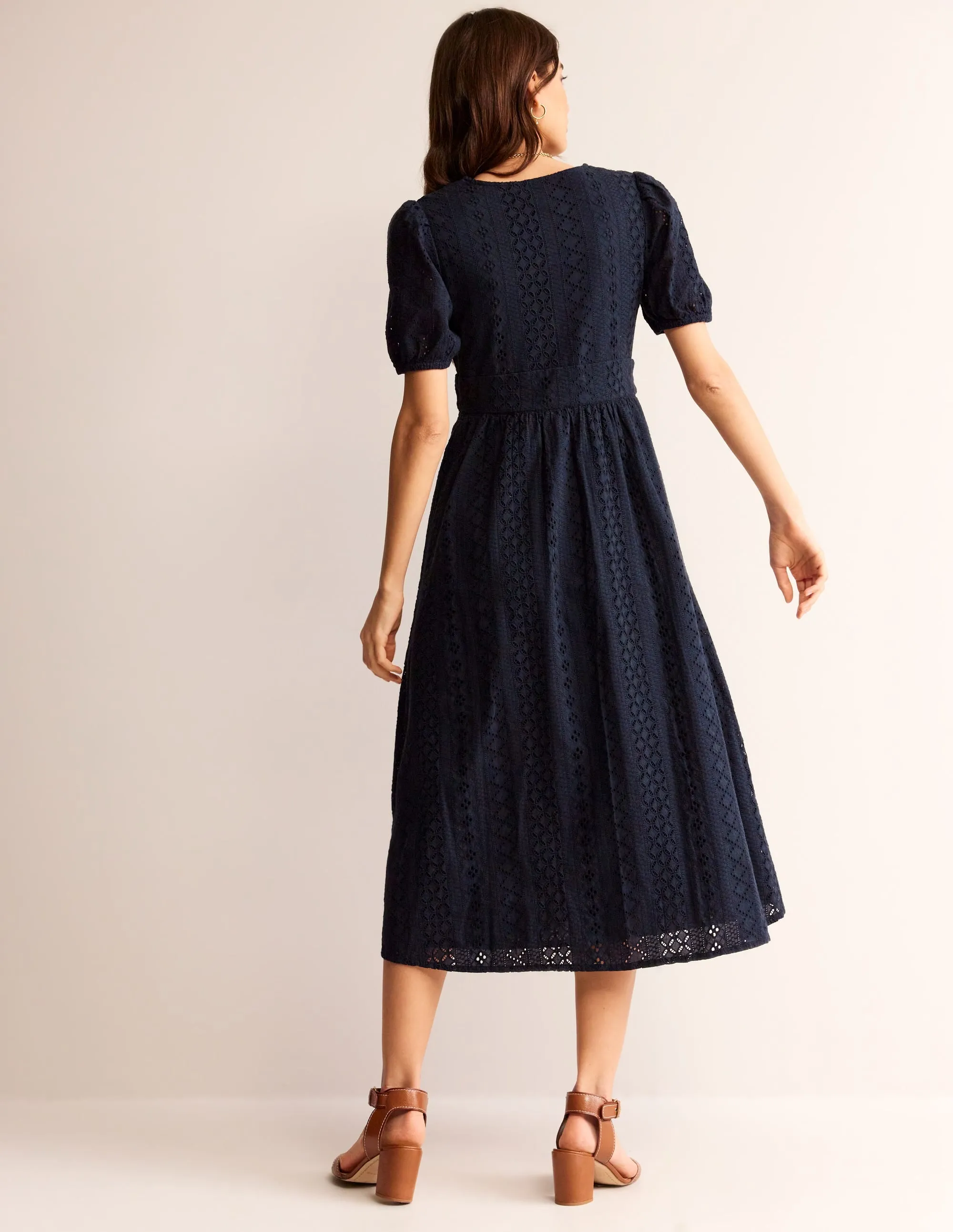 Broderie Midi Tea Dress-Navy