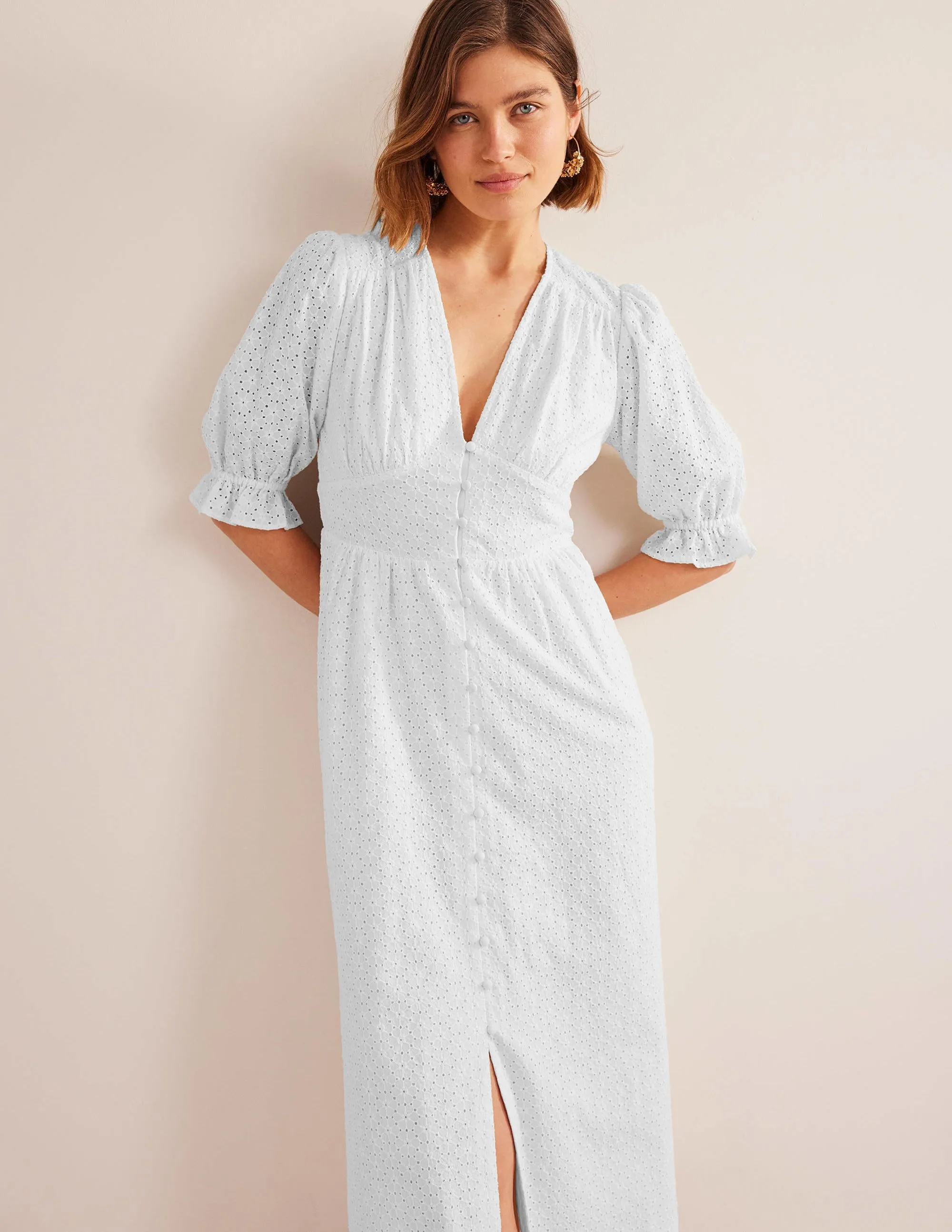 Broderie Midi Tea Dress-White