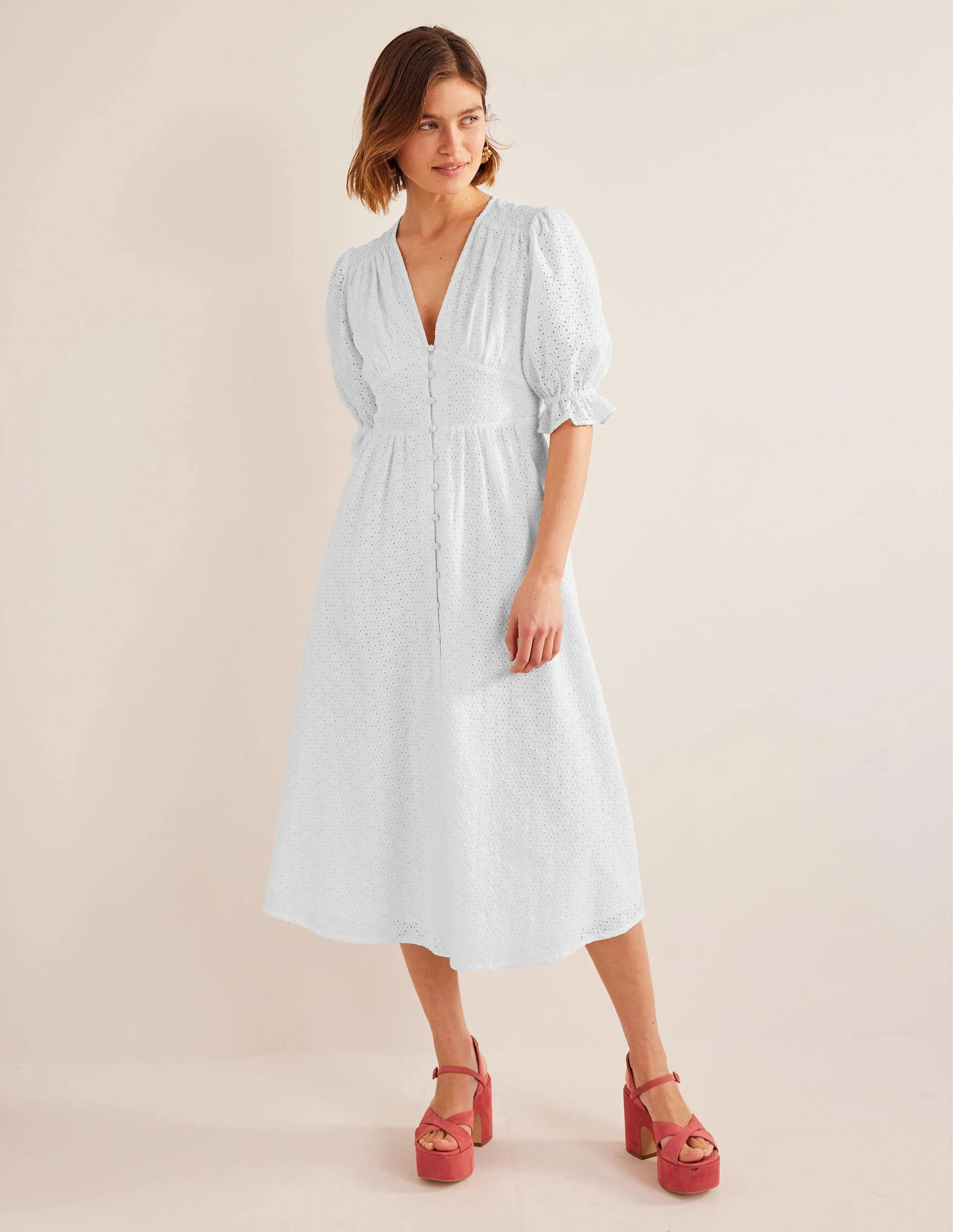 Broderie Midi Tea Dress-White