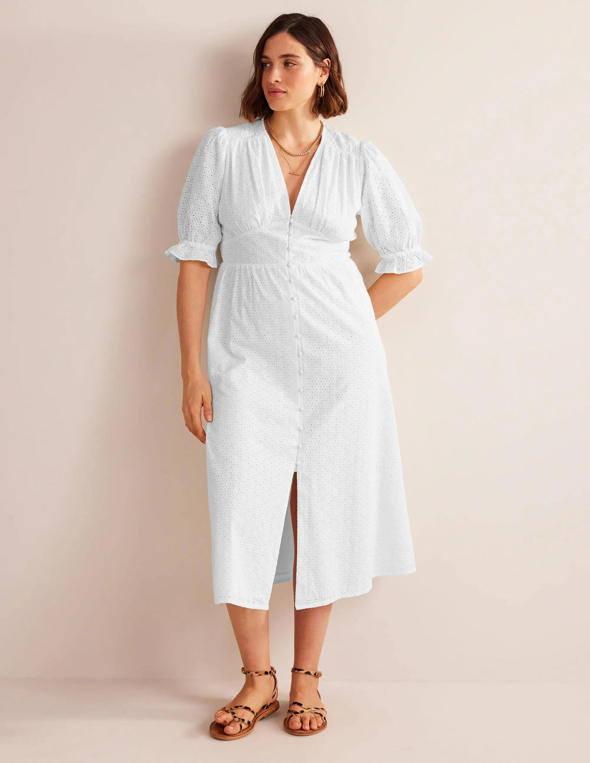 Broderie Midi Tea Dress-White