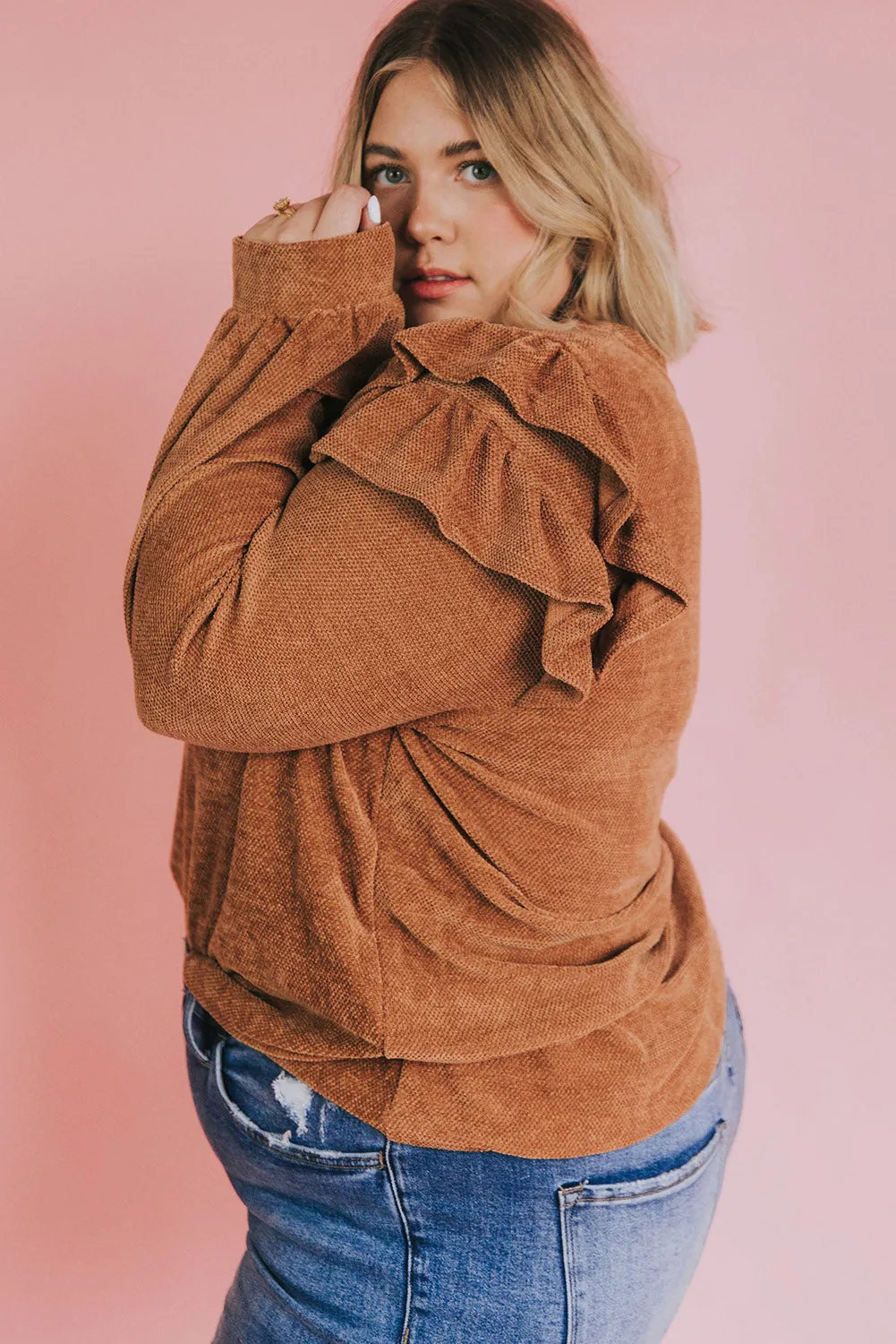 Brown Plus Size Solid Ruffled Tiered Long Sleeve Top