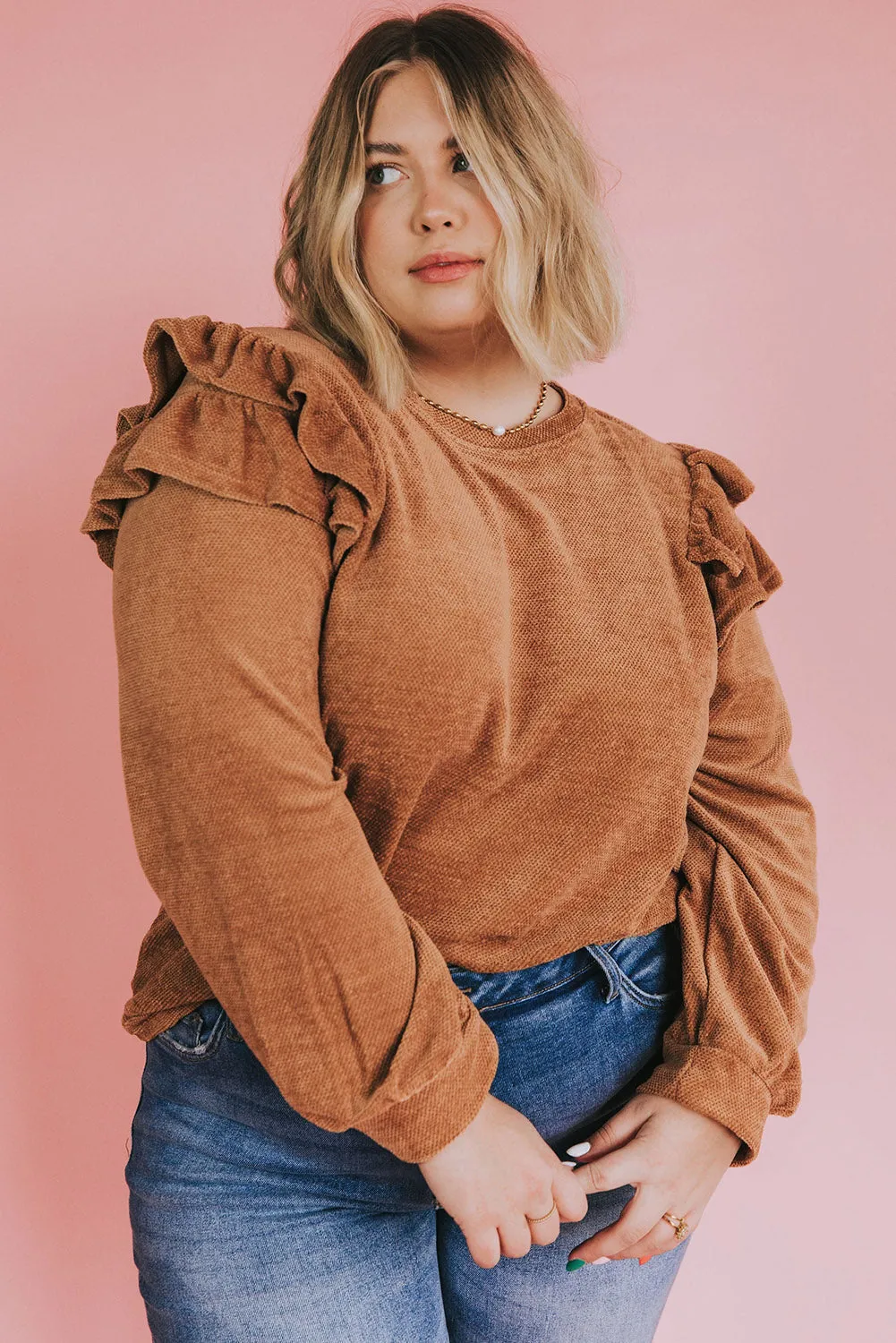 Brown Plus Size Solid Ruffled Tiered Long Sleeve Top