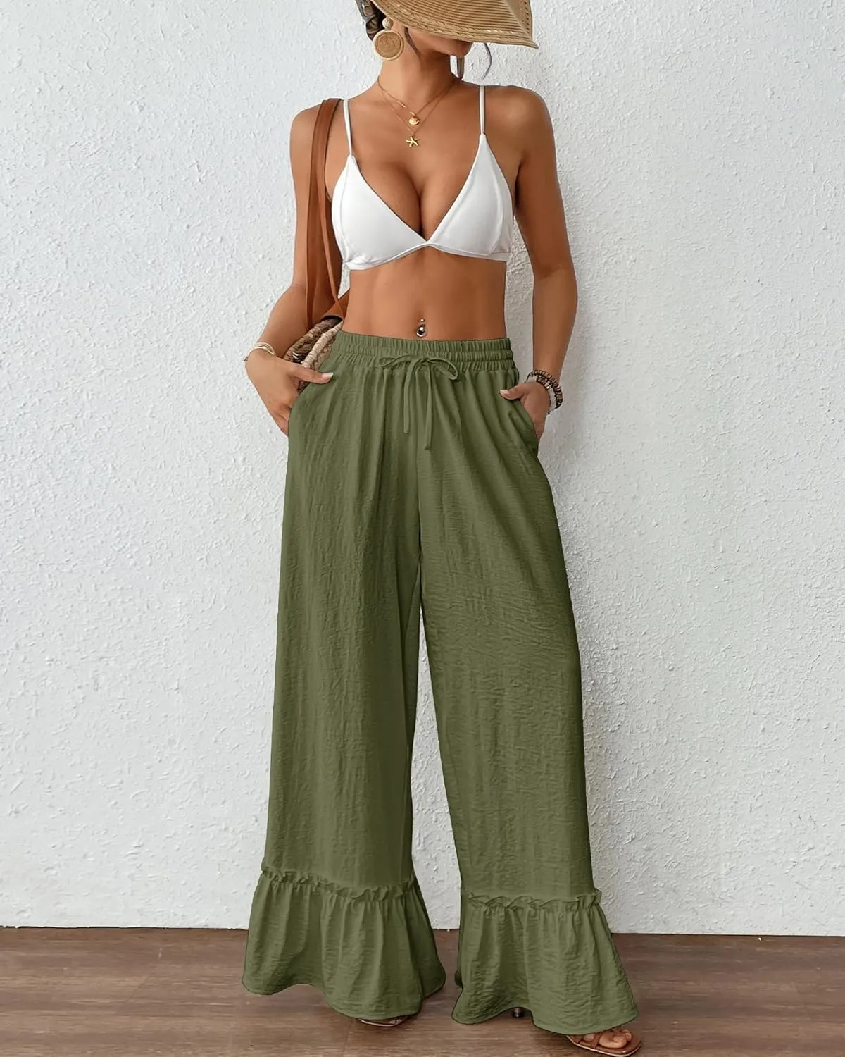 Bsubseach Wide Leg Pants Woman High Waist Palazzo Pants Flowy Casual Trousers Beach Vacation Outfits