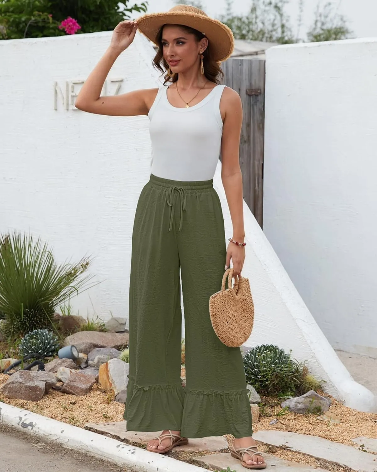 Bsubseach Wide Leg Pants Woman High Waist Palazzo Pants Flowy Casual Trousers Beach Vacation Outfits