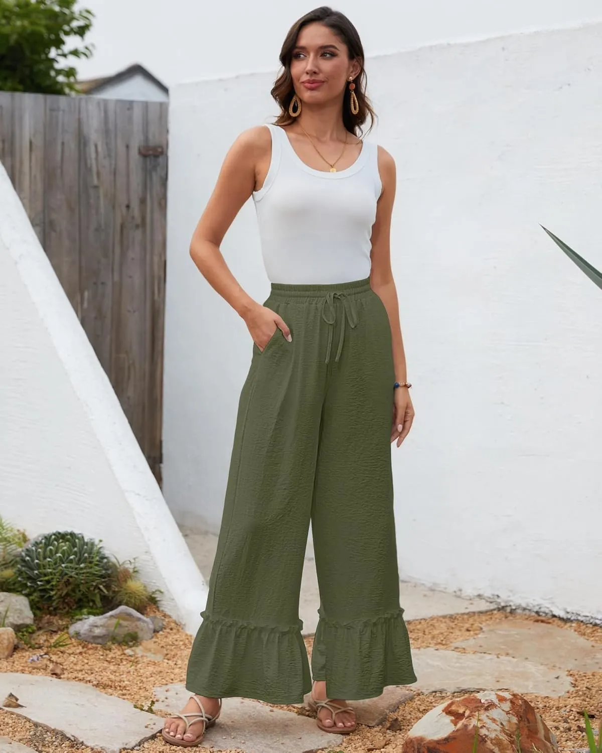 Bsubseach Wide Leg Pants Woman High Waist Palazzo Pants Flowy Casual Trousers Beach Vacation Outfits