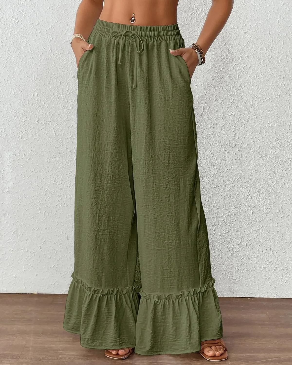 Bsubseach Wide Leg Pants Woman High Waist Palazzo Pants Flowy Casual Trousers Beach Vacation Outfits