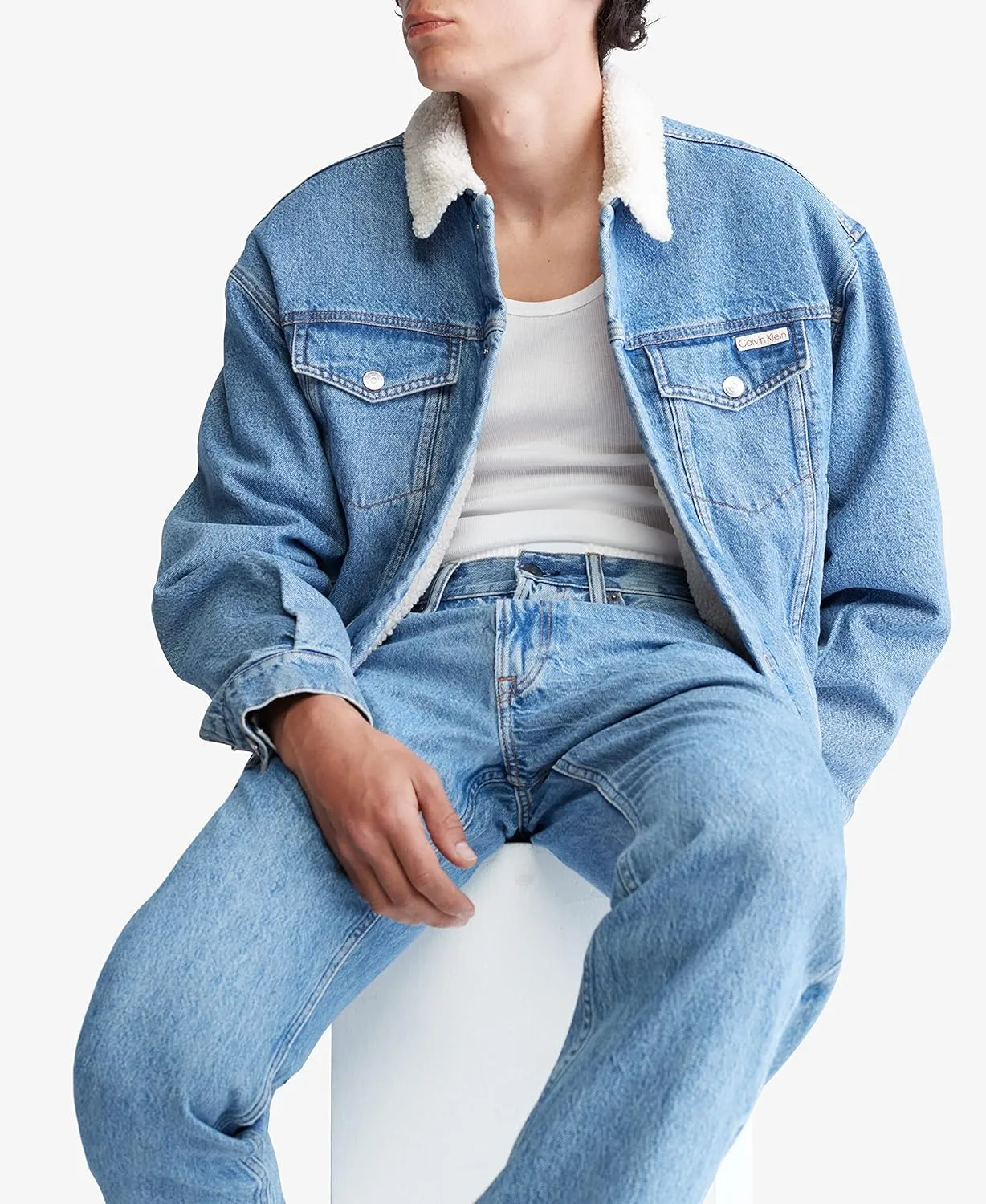 Calvin Klein Men's Essential Sherpa Casper Blue Trucker Jacket