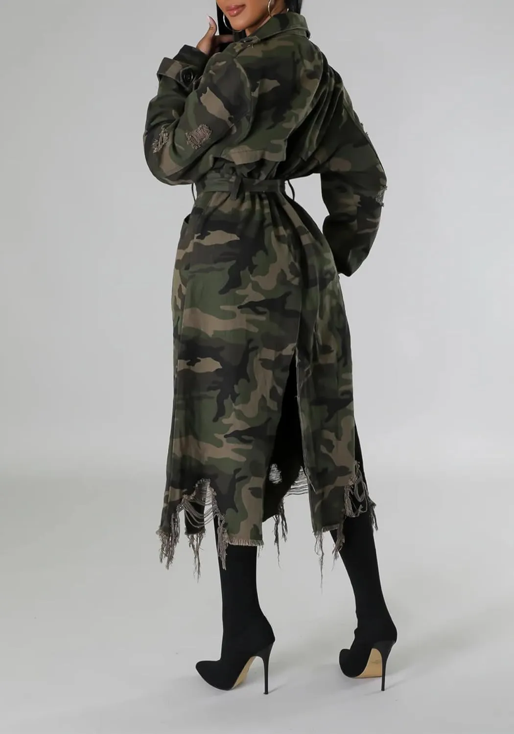 Camouflage Jacket for Women Camo Trench Coat Single Breasted Button Down Long Jackets With Belt