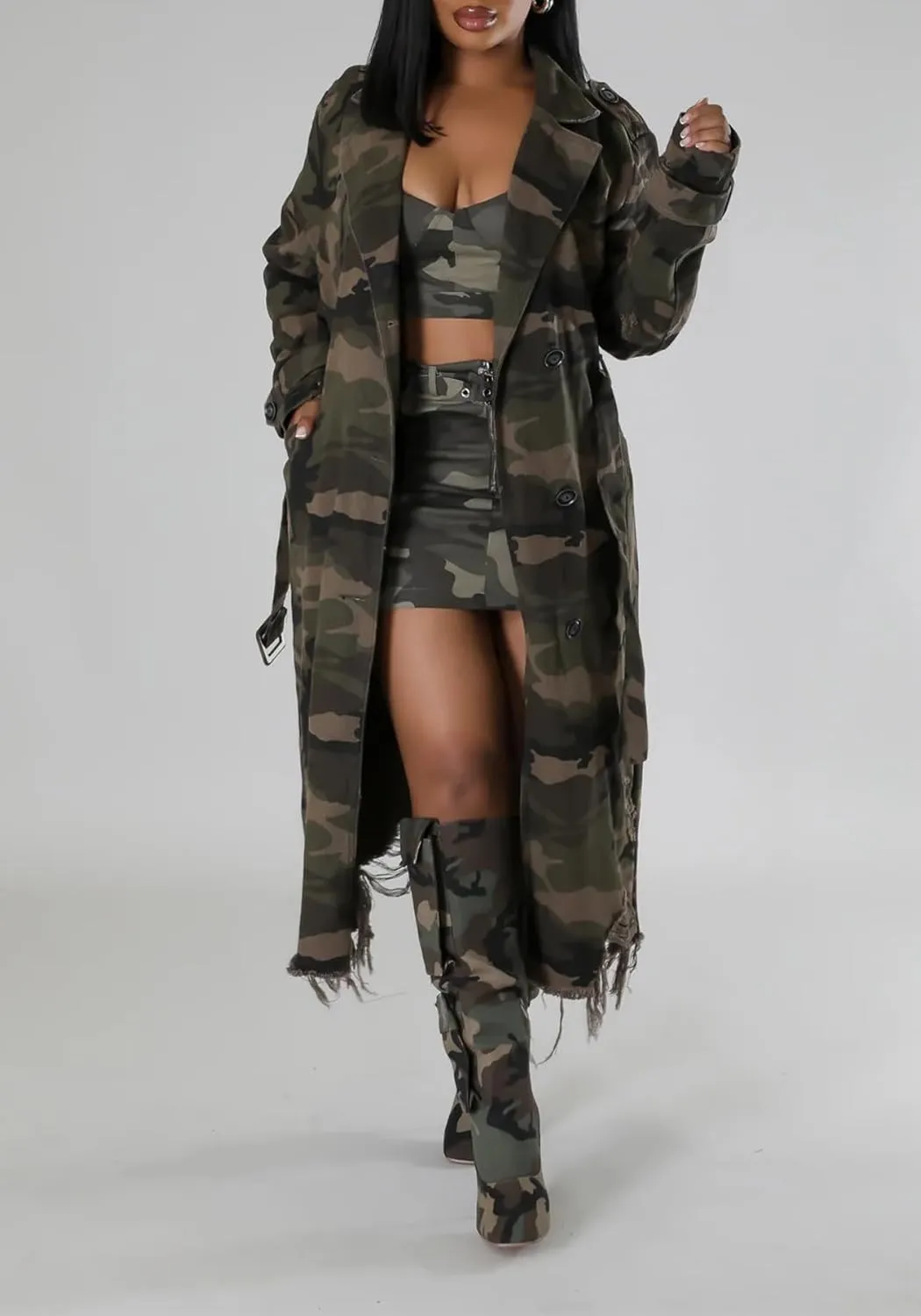 Camouflage Jacket for Women Camo Trench Coat Single Breasted Button Down Long Jackets With Belt