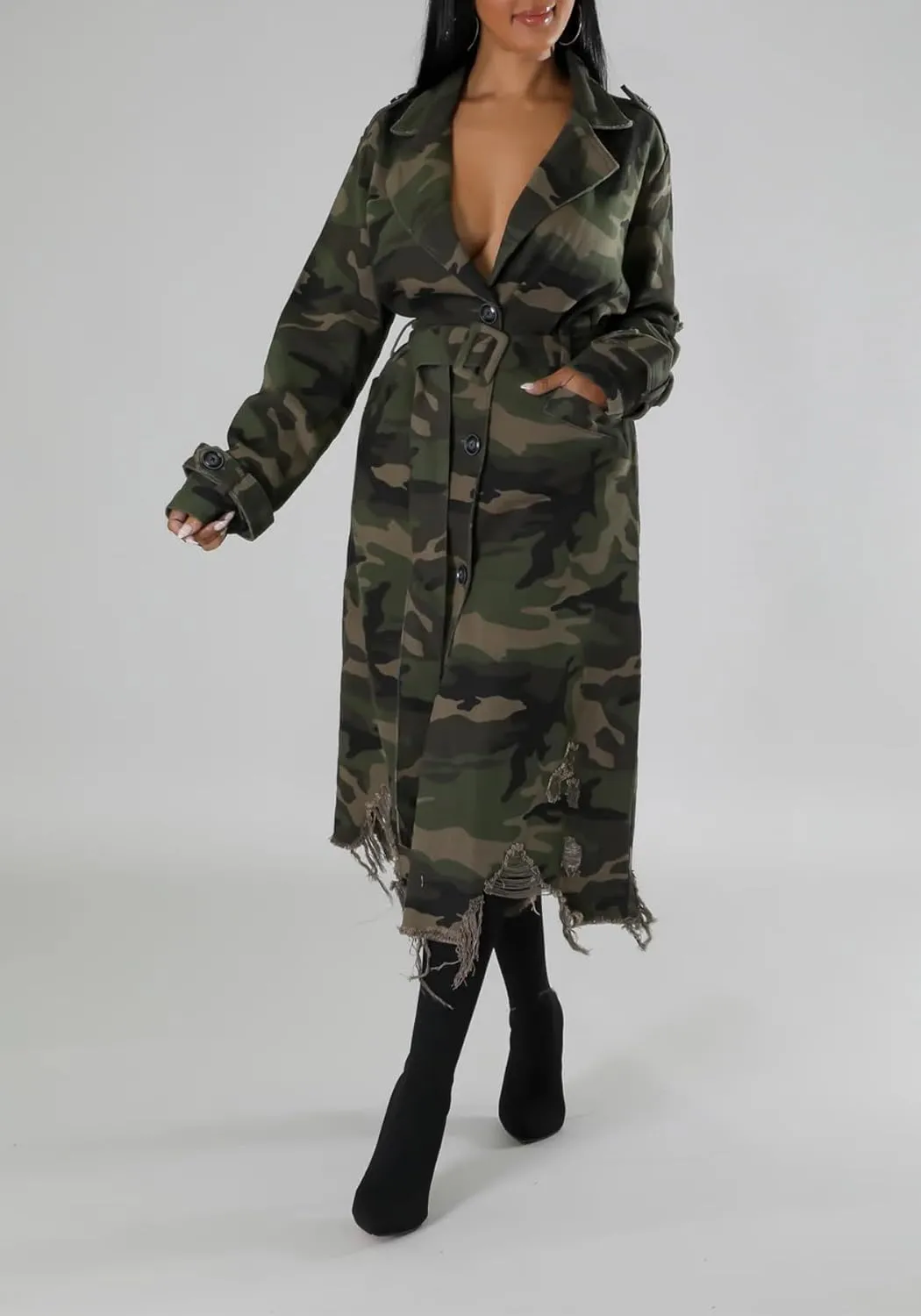 Camouflage Jacket for Women Camo Trench Coat Single Breasted Button Down Long Jackets With Belt