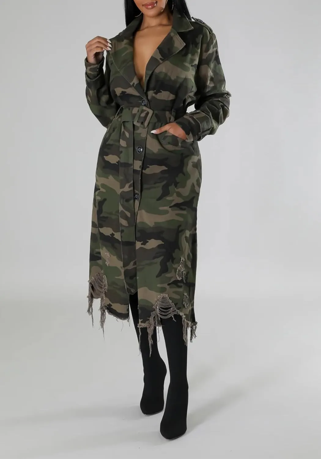 Camouflage Jacket for Women Camo Trench Coat Single Breasted Button Down Long Jackets With Belt