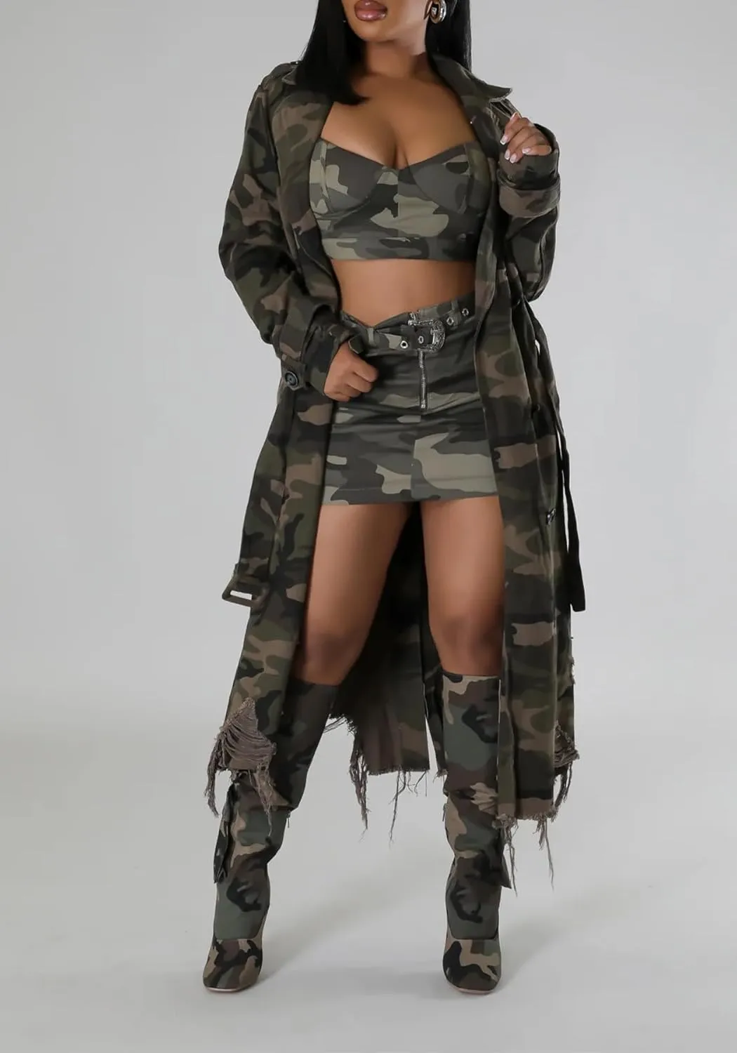 Camouflage Jacket for Women Camo Trench Coat Single Breasted Button Down Long Jackets With Belt