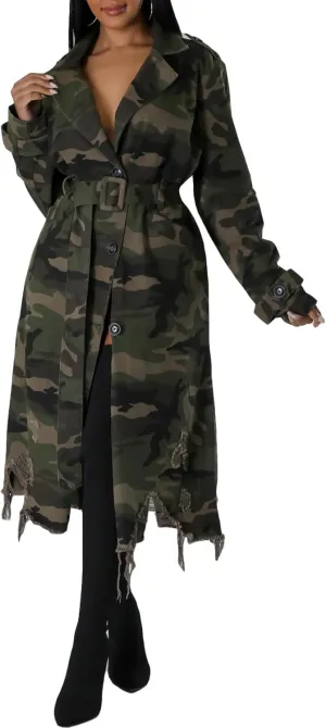 Camouflage Jacket for Women Camo Trench Coat Single Breasted Button Down Long Jackets With Belt