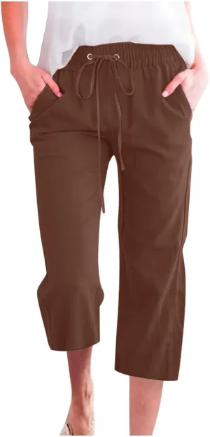 Capri Pants for Women 2025 Swmmer Elastic Waist Linen Pants Drawstring Straight Leg Capris Comfy Lounge Pants Trousers