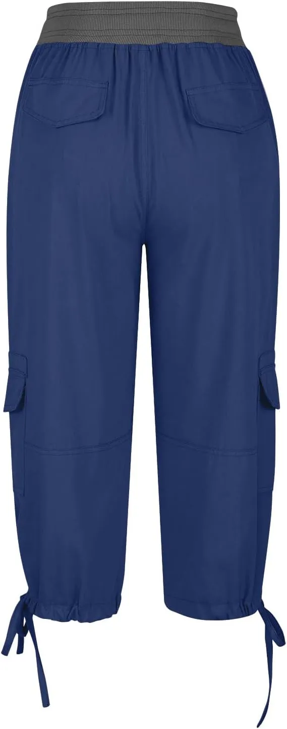 Capri Pants for Women Summer Cargo Capris with Pockets Drawstring Casual Hiking Solid Elastic Waist Cropped Trousers