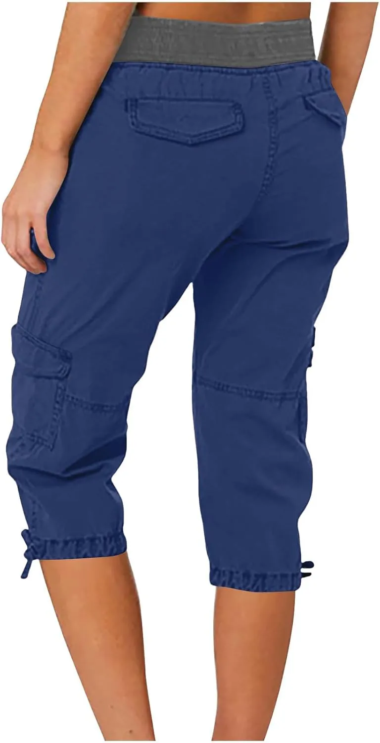 Capri Pants for Women Summer Cargo Capris with Pockets Drawstring Casual Hiking Solid Elastic Waist Cropped Trousers