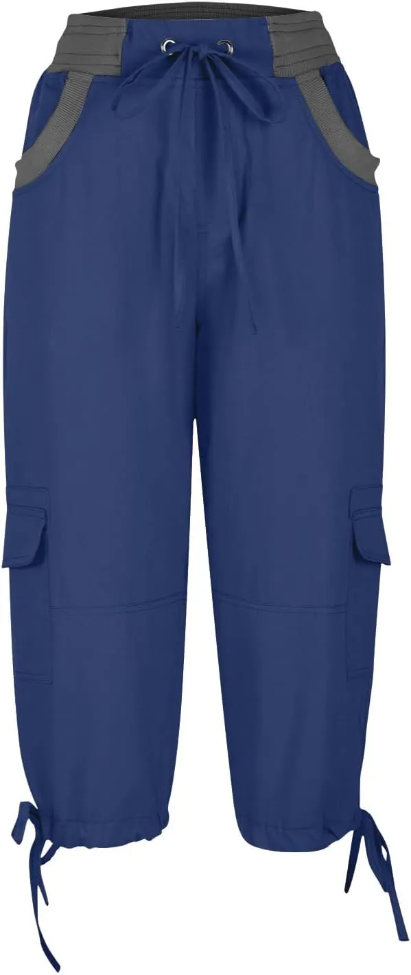 Capri Pants for Women Summer Cargo Capris with Pockets Drawstring Casual Hiking Solid Elastic Waist Cropped Trousers