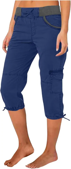 Capri Pants for Women Summer Cargo Capris with Pockets Drawstring Casual Hiking Solid Elastic Waist Cropped Trousers