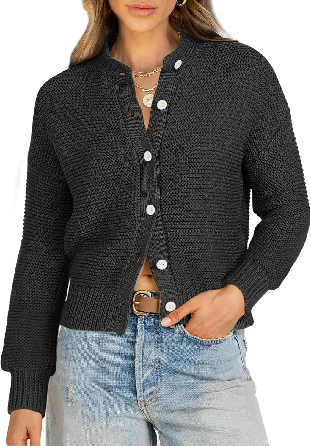 Caracilia Cardigan Sweaters for Women Cropped Open Front Tweed Knit Button Down Dressy Casual Jacket 2025 Spring Outwear