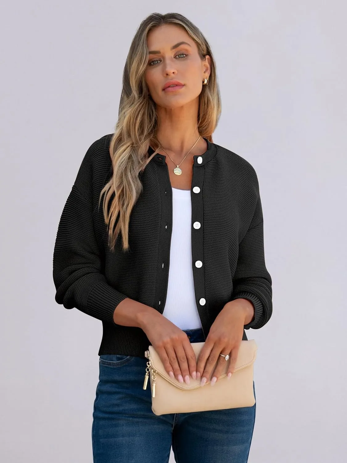 Caracilia Cardigan Sweaters for Women Cropped Open Front Tweed Knit Button Down Dressy Casual Jacket 2025 Spring Outwear
