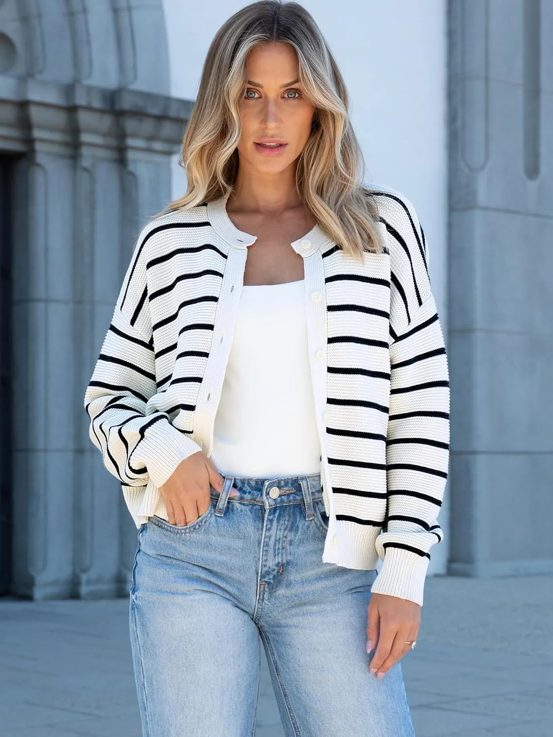 Caracilia Cardigan Sweaters for Women Cropped Open Front Tweed Knit Button Down Dressy Casual Jacket 2025 Spring Outwear