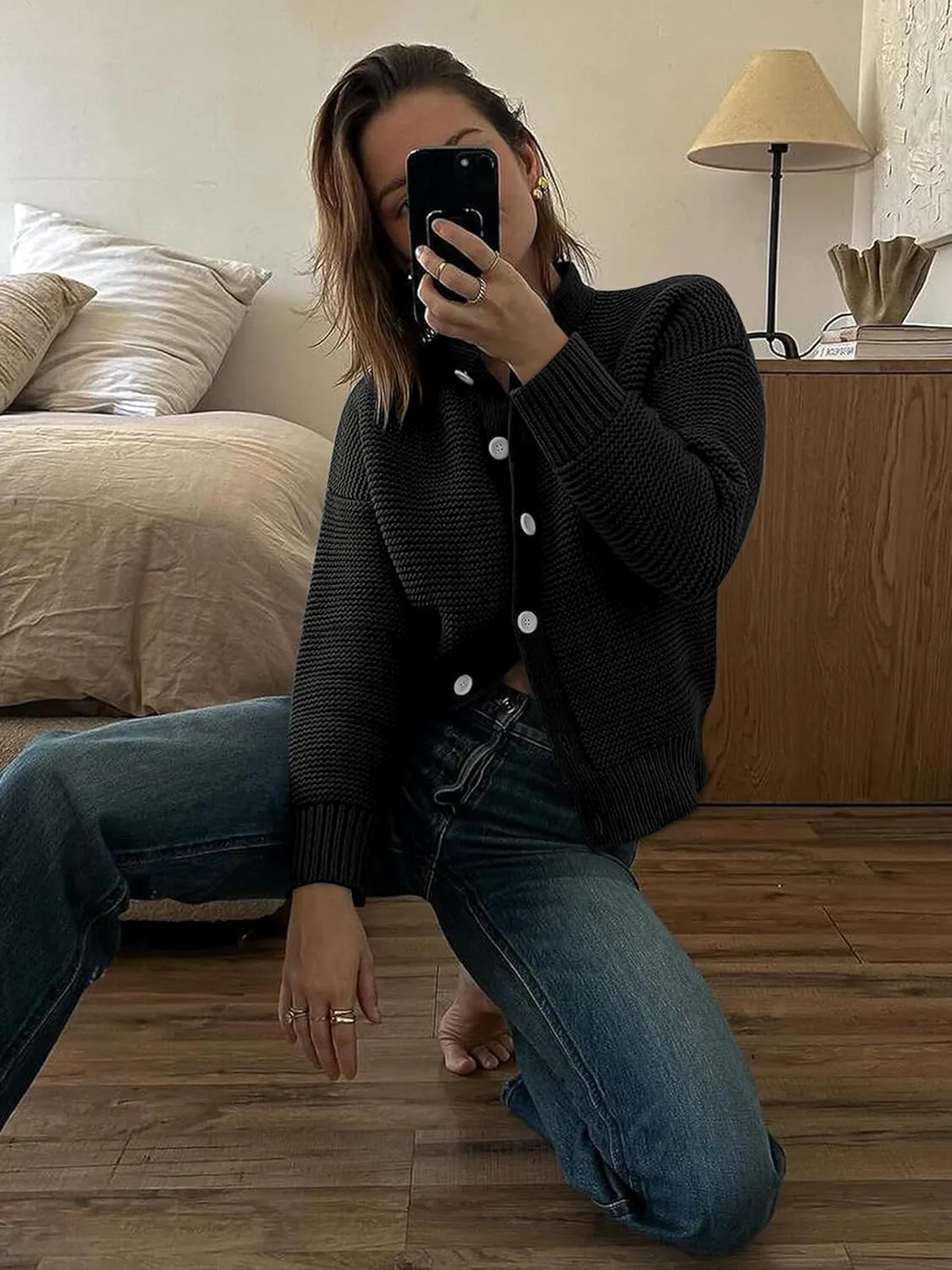 Caracilia Cardigan Sweaters for Women Cropped Open Front Tweed Knit Button Down Dressy Casual Jacket 2025 Spring Outwear