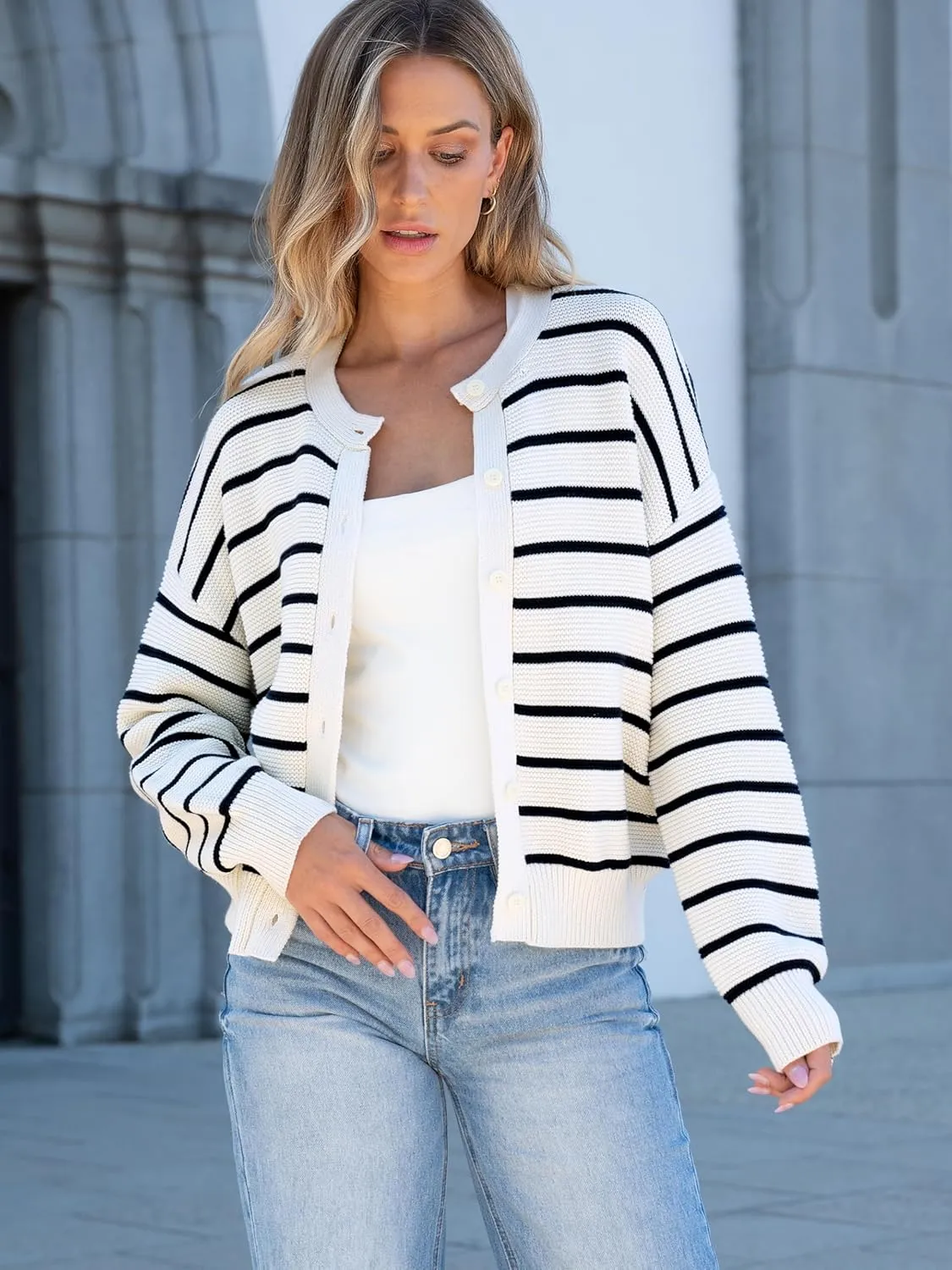Caracilia Cardigan Sweaters for Women Cropped Open Front Tweed Knit Button Down Dressy Casual Jacket 2025 Spring Outwear