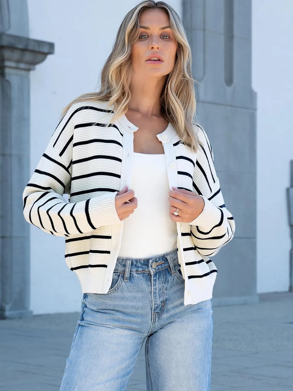 Caracilia Cardigan Sweaters for Women Cropped Open Front Tweed Knit Button Down Dressy Casual Jacket 2025 Spring Outwear