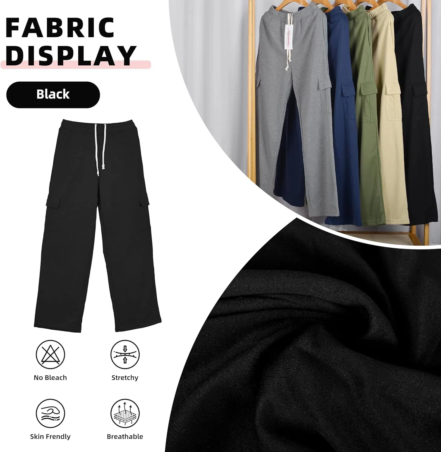 Cargo Sweatpants for Women High Waisted Wide Leg Cargo Pant Baggy Elastic Thicken with 6 Pockets