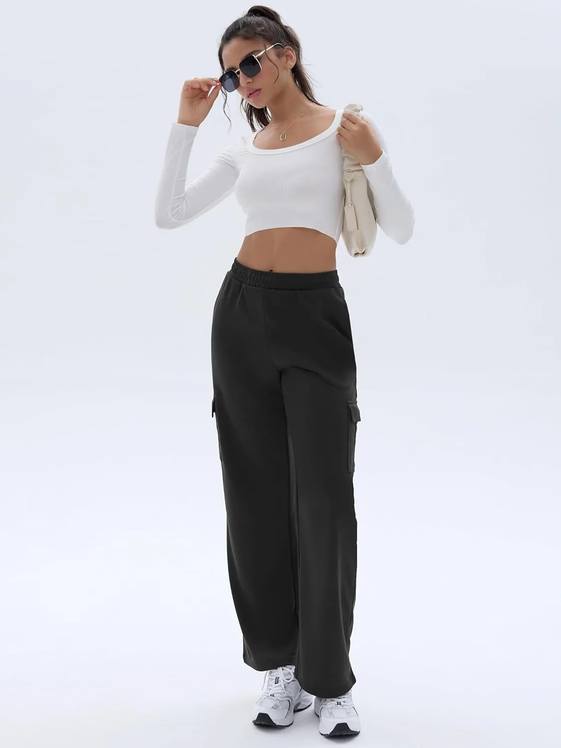 Cargo Sweatpants for Women High Waisted Wide Leg Cargo Pant Baggy Elastic Thicken with 6 Pockets