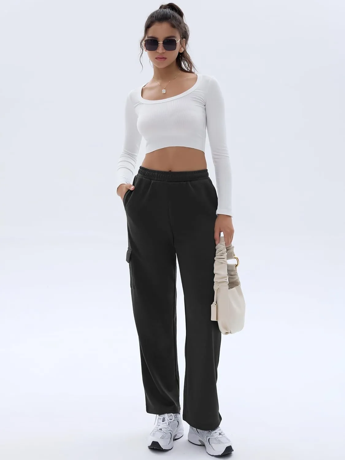 Cargo Sweatpants for Women High Waisted Wide Leg Cargo Pant Baggy Elastic Thicken with 6 Pockets