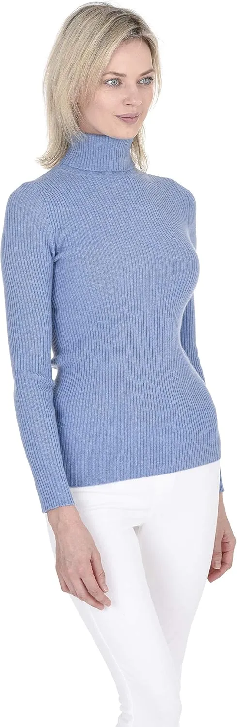 Cashmeren Womens Basic Ribbed Turtleneck Sweater 100% Pure Cashmere Long Sleeve Roll Neck Pullover