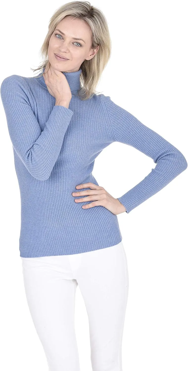 Cashmeren Womens Basic Ribbed Turtleneck Sweater 100% Pure Cashmere Long Sleeve Roll Neck Pullover