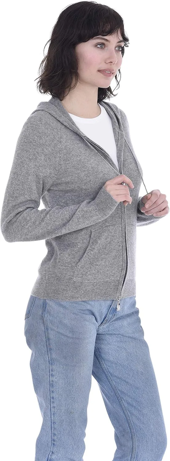 Cashmeren Womens Full Zip Drawstring Hoodie with Pockets 100% Pure Cashmere Long Sleeve Zipped Down Sweater