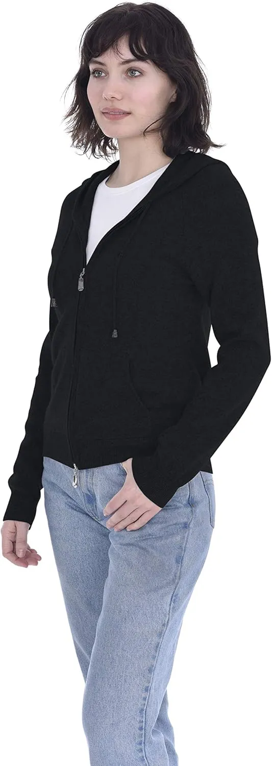 Cashmeren Womens Full Zip Drawstring Hoodie with Pockets 100% Pure Cashmere Long Sleeve Zipped Down Sweater
