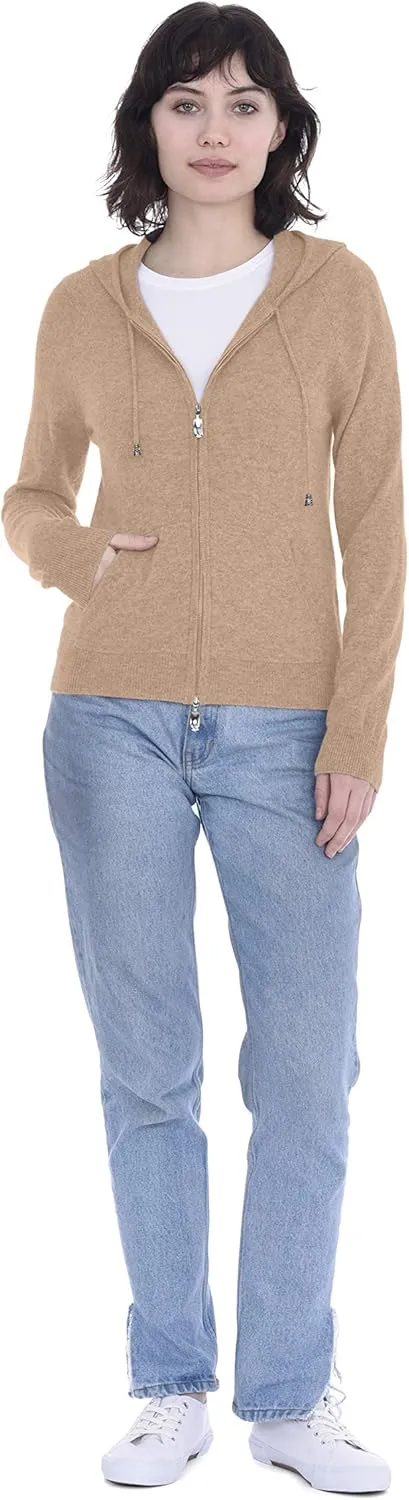 Cashmeren Womens Full Zip Drawstring Hoodie with Pockets 100% Pure Cashmere Long Sleeve Zipped Down Sweater