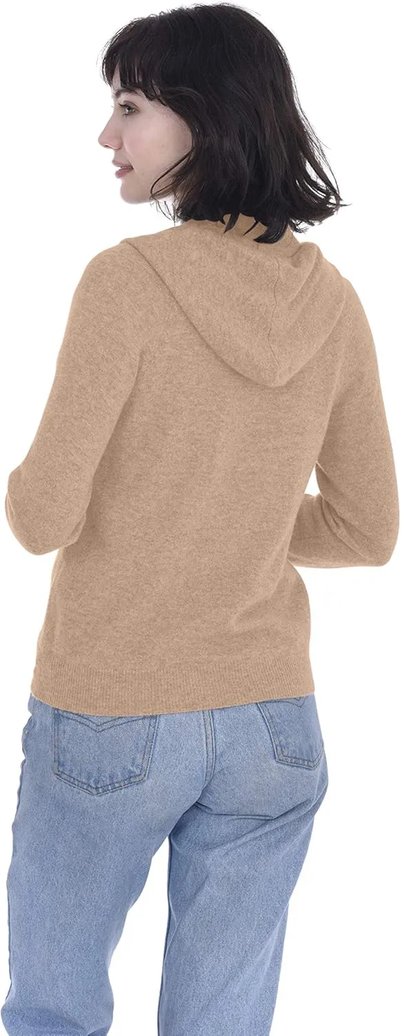 Cashmeren Womens Full Zip Drawstring Hoodie with Pockets 100% Pure Cashmere Long Sleeve Zipped Down Sweater