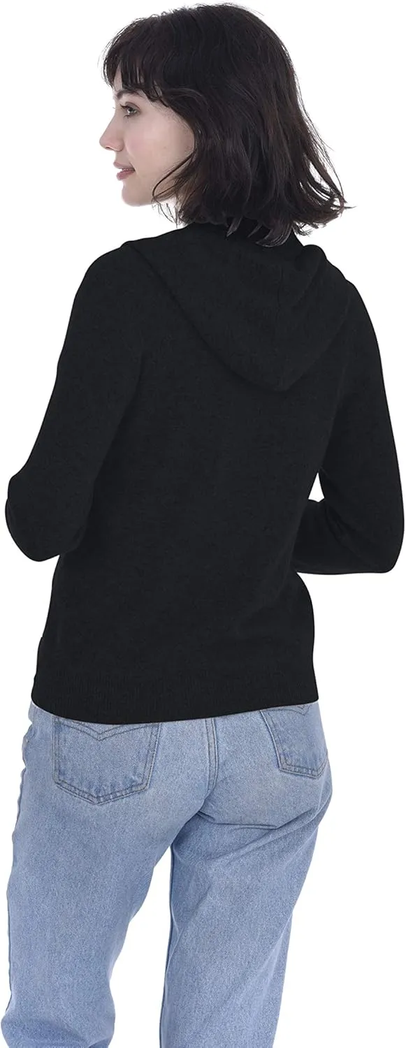 Cashmeren Womens Full Zip Drawstring Hoodie with Pockets 100% Pure Cashmere Long Sleeve Zipped Down Sweater