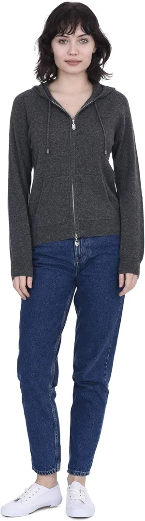 Cashmeren Womens Full Zip Drawstring Hoodie with Pockets 100% Pure Cashmere Long Sleeve Zipped Down Sweater
