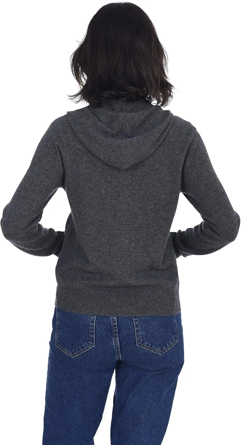 Cashmeren Womens Full Zip Drawstring Hoodie with Pockets 100% Pure Cashmere Long Sleeve Zipped Down Sweater