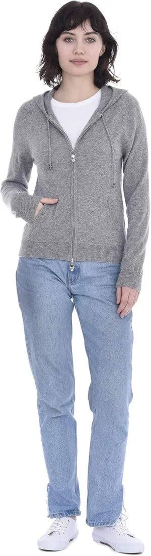Cashmeren Womens Full Zip Drawstring Hoodie with Pockets 100% Pure Cashmere Long Sleeve Zipped Down Sweater