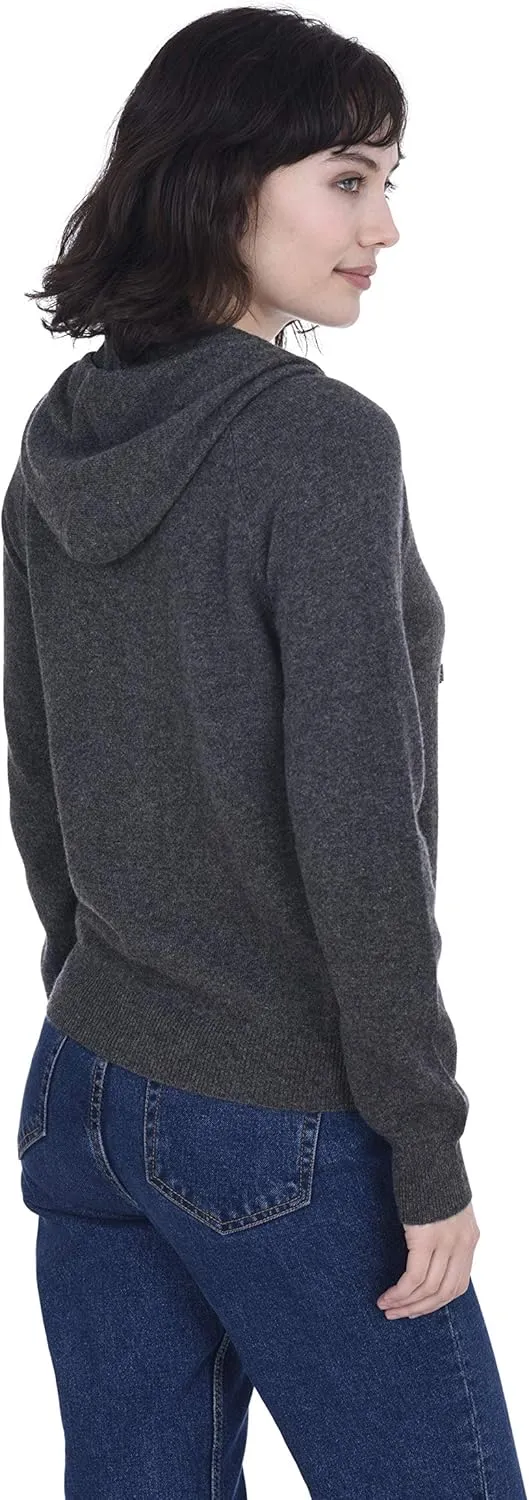 Cashmeren Womens Full Zip Drawstring Hoodie with Pockets 100% Pure Cashmere Long Sleeve Zipped Down Sweater