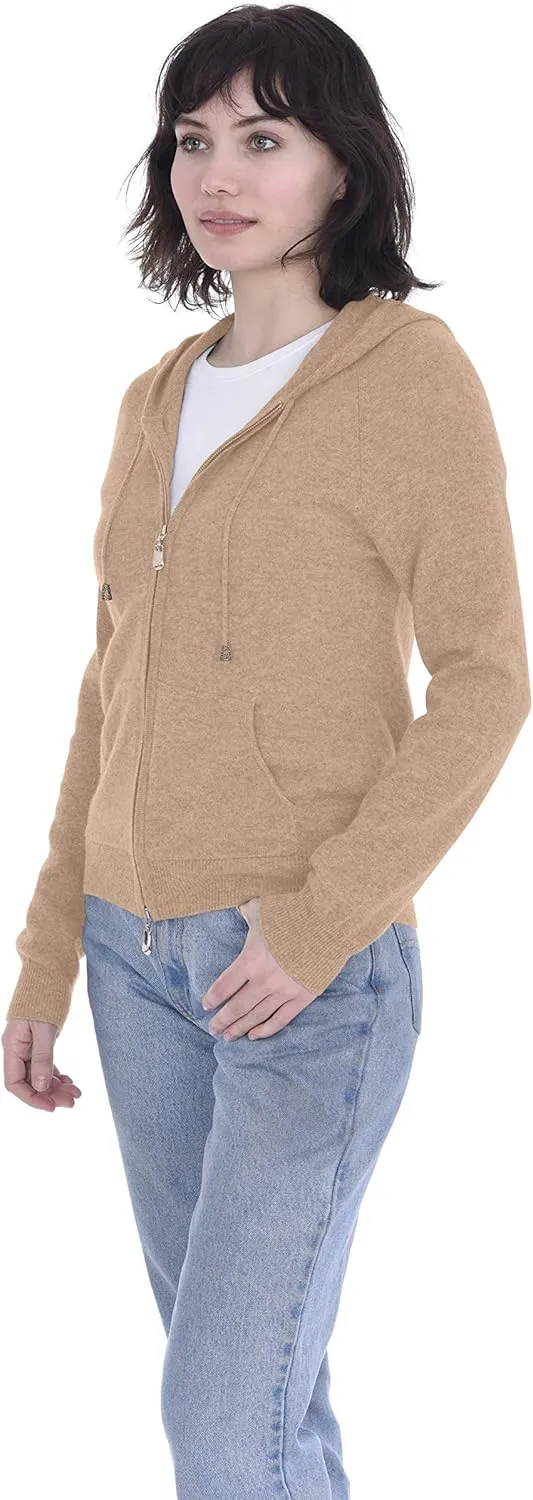 Cashmeren Womens Full Zip Drawstring Hoodie with Pockets 100% Pure Cashmere Long Sleeve Zipped Down Sweater