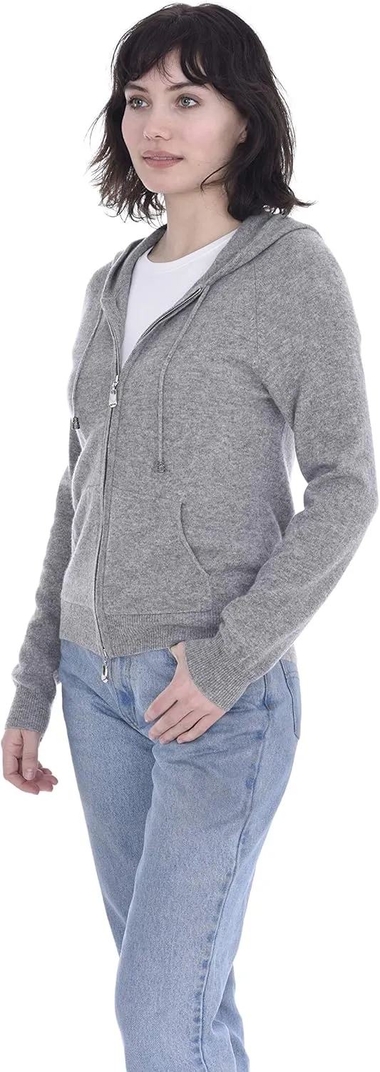 Cashmeren Womens Full Zip Drawstring Hoodie with Pockets 100% Pure Cashmere Long Sleeve Zipped Down Sweater