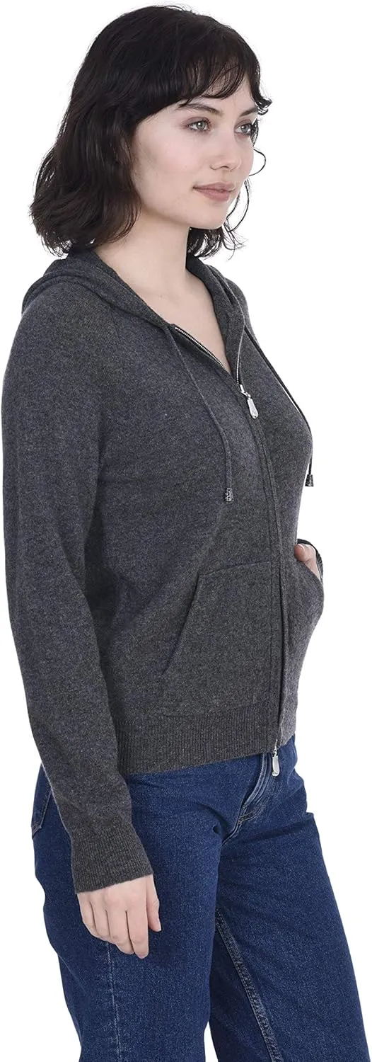Cashmeren Womens Full Zip Drawstring Hoodie with Pockets 100% Pure Cashmere Long Sleeve Zipped Down Sweater