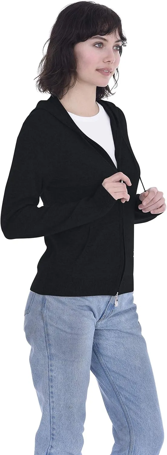 Cashmeren Womens Full Zip Drawstring Hoodie with Pockets 100% Pure Cashmere Long Sleeve Zipped Down Sweater