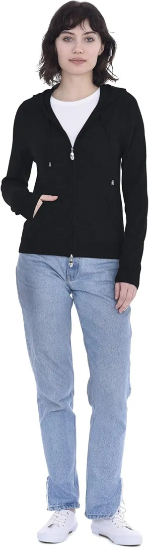 Cashmeren Womens Full Zip Drawstring Hoodie with Pockets 100% Pure Cashmere Long Sleeve Zipped Down Sweater