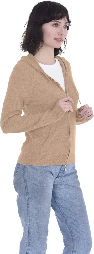 Cashmeren Womens Full Zip Drawstring Hoodie with Pockets 100% Pure Cashmere Long Sleeve Zipped Down Sweater